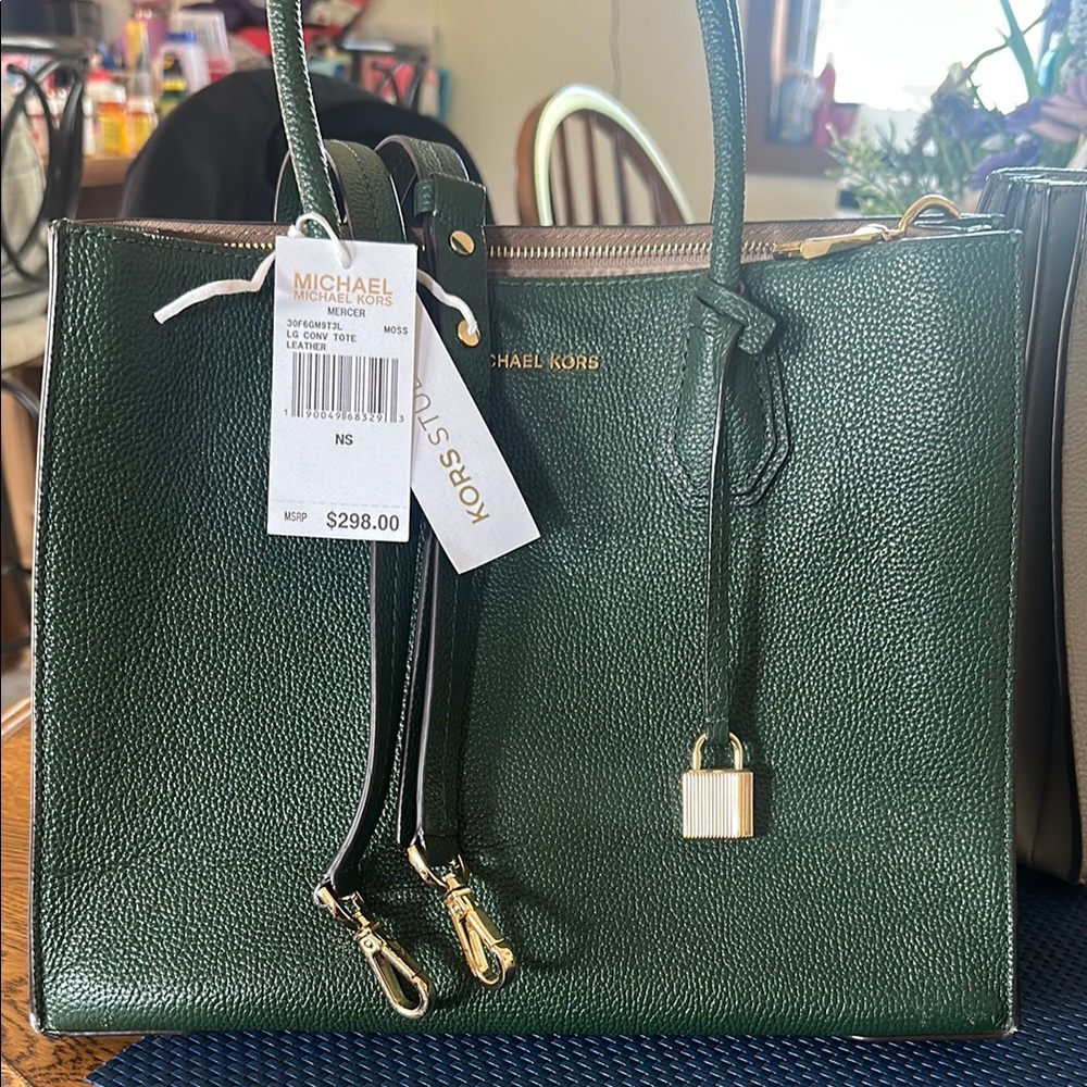 Michael Kors Green Pebbled Leather Tote with Gold Accents